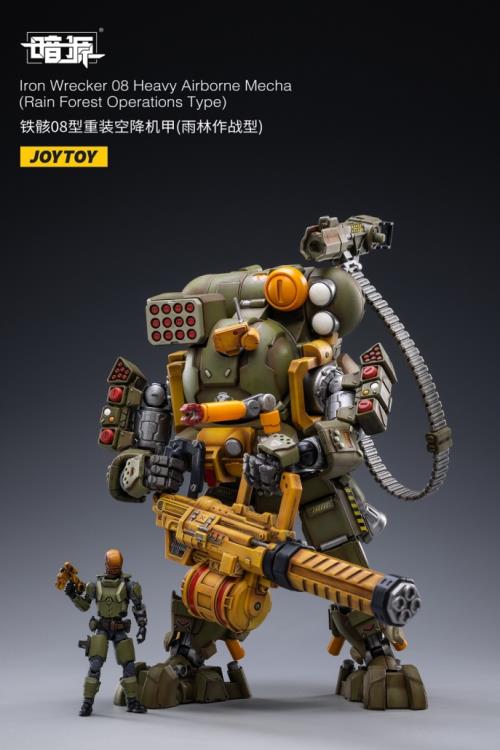 Joy Toy Dark Source Iron Wrecker 08 Heavy Airborne Mecha (Rain Forest Operations Type) 1/25 Scale Action Figure JT2214. JoyToy military vehicle series continues with the Iron Wrecker 08 Heavy Airborne Mecha (Rain Forest Operations Type) and pilot figure!
