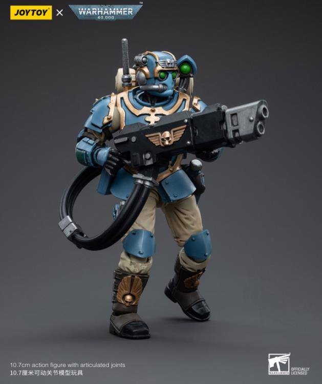 This is a 1/18 scale highly detailed, articulated figure based on Warhammer 40k's Hot-Shot Volley Gunner of the Astra Militarum Tempestus 55th Kappic Eagles. The Volley Gunner figure stands about 4.20 inches tall and comes with several interchangeable parts and accessories, opening the door to a plethora of different and unique display opportunities.