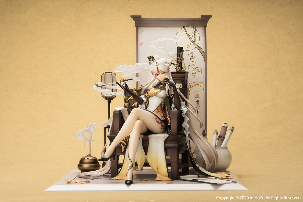 From the popular miHoYo video game Genshin Impact comes a beautiful 1/7th scale figure of Ningguang! Sitting in her throne with sculpted smoke drifting around her, Ninguang measures around 10 by 12 inches on her diorama.