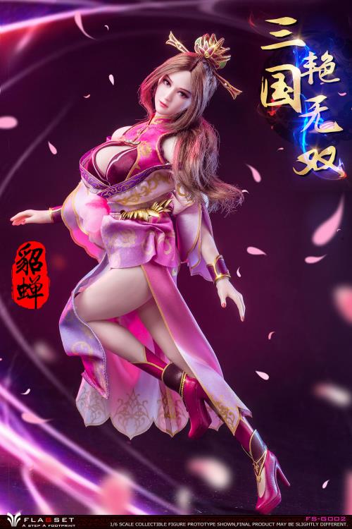 Based on the classic story Romance of the Three Kingdoms, this gorgeous 1/6 scale Flagset Diao Chan articulated figure features rooted hair, a fabric costume, and accessories.