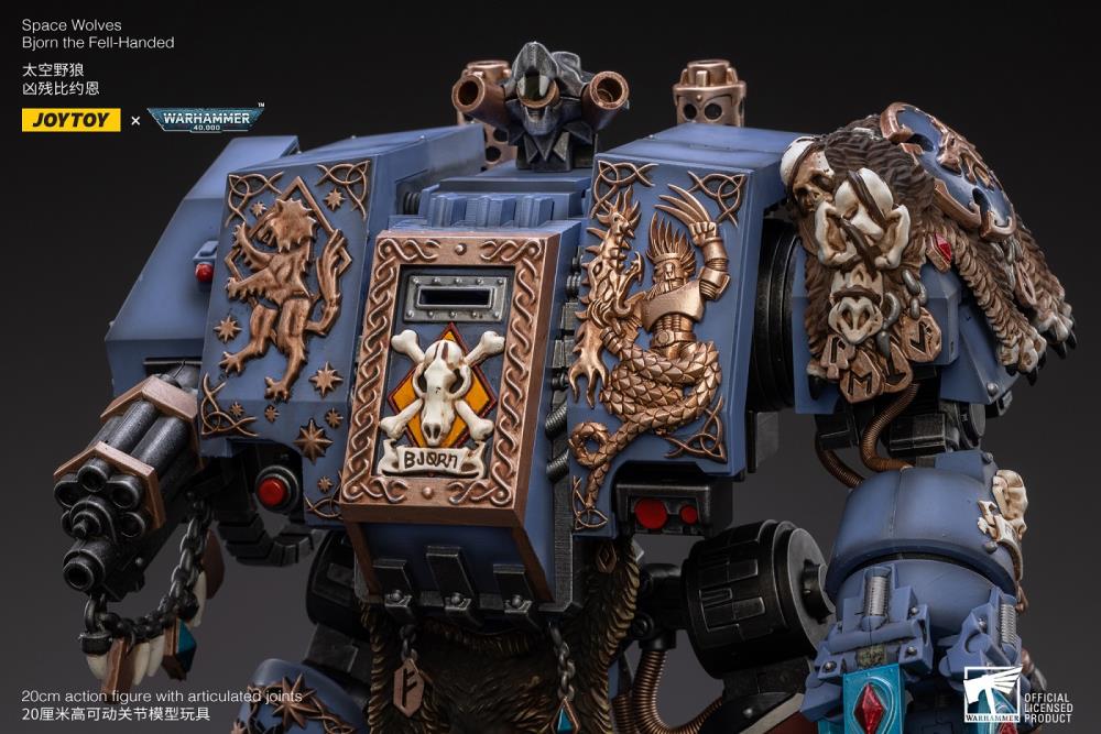 Joy Toy Warhammer 40k Space Wolves Bjorn The Fell-Handed 1/18 Scale Figure JT2924. Interred in a custom-built Dreadnought, Bjorn is a legendary figure amongst the Space Wolves, for he fought in the Horus Heresy amongst the retinue of Leman Russ himself.