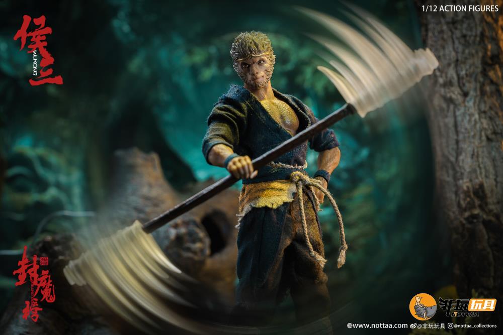 This 1/12 scale articulated figure of the martial artist monk Wukong measures around 6.5 inches tall and features real fabric clothing, alternate hands, monkey mask, beaded necklace, 2 bananas, and his monk staff. This deluxe version also comes with an alternate monkey head sculpt, golden palm effect, 2 ape forearms with fists, wind effects, and 2 extra staffs.