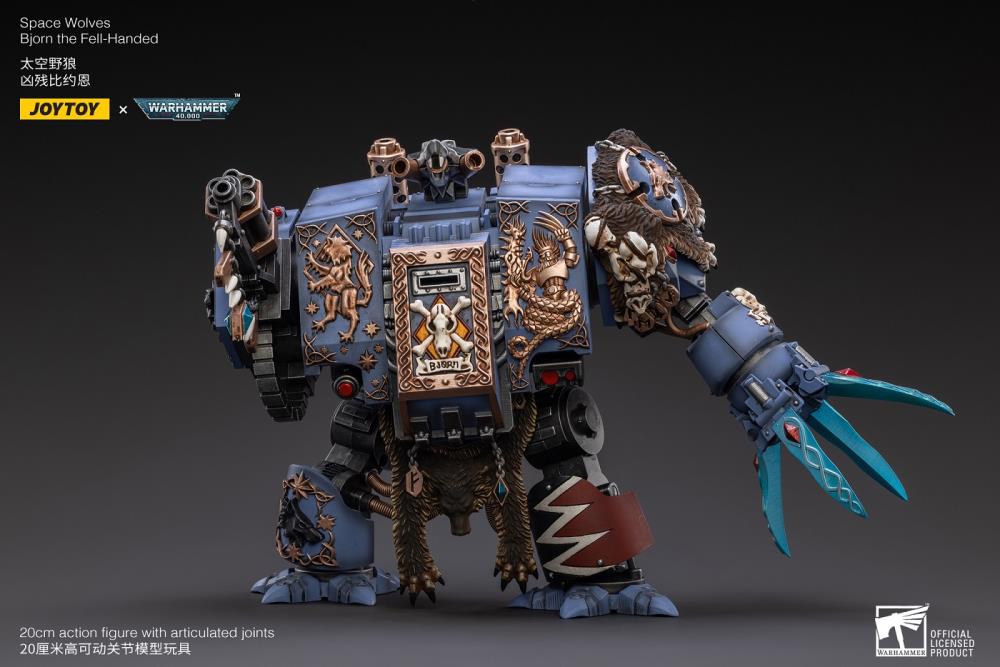 Joy Toy Warhammer 40k Space Wolves Bjorn The Fell-Handed 1/18 Scale Figure JT2924. Interred in a custom-built Dreadnought, JoyToy Bjorn is a legendary figure amongst the Space Wolves, for he fought in the Horus Heresy amongst the retinue of Leman Russ himself.