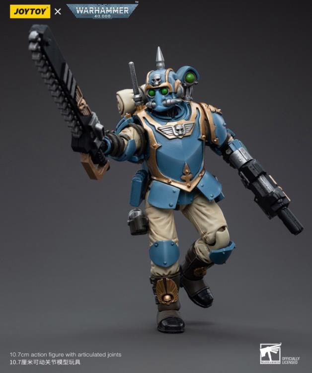 This is a 1/18 scale highly detailed, articulated figure based on Warhammer 40k's Tempestor of the Astra Militarum Tempestus 55th Kappic Eagles. The Tempestor figure stands about 4.20 inches tall and comes with several interchangeable parts and accessories, opening the door to a plethora of different and unique display opportunities.
