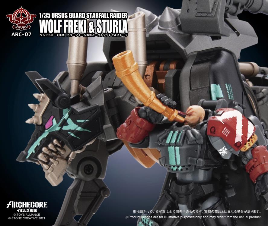The 1/35 scale Archecore - Saga of Ymirus world of military figures, vehicles, and accessories continues with this ARC-07 Ursus Guard Wolf Freki and Sturla figures!