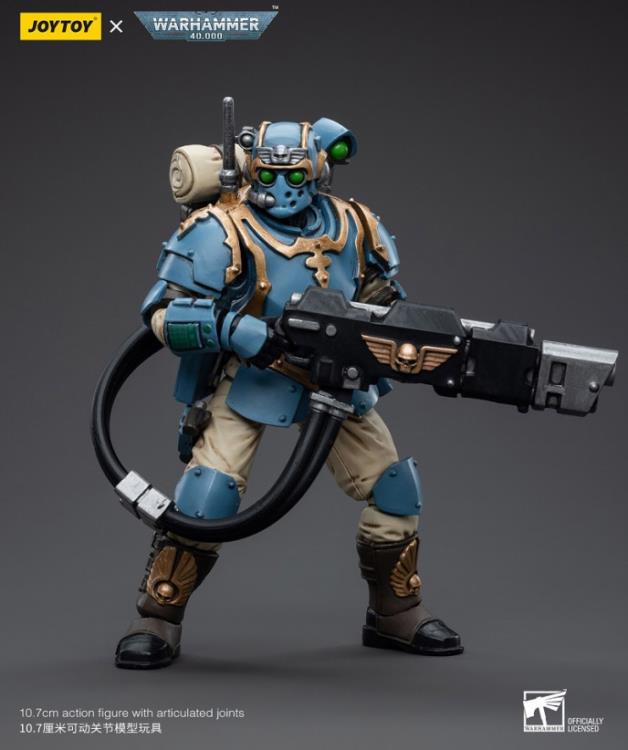This is a 1/18 scale highly detailed, articulated figure based on Warhammer 40k's Hot-Shot Volley Gunner of the Astra Militarum Tempestus 55th Kappic Eagles. The Volley Gunner figure stands about 4.20 inches tall and comes with several interchangeable parts and accessories, opening the door to a plethora of different and unique display opportunities.