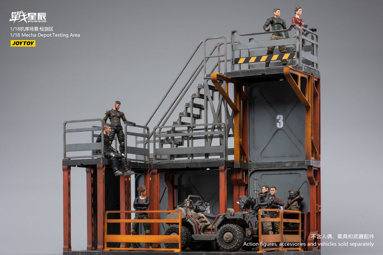 Joy Toy brings even more incredibly detailed 1/18 scale dioramas to life with this mecha depot testing area diorama! JoyToy set includes flooring, a lower deck room, railings, and a staircase.