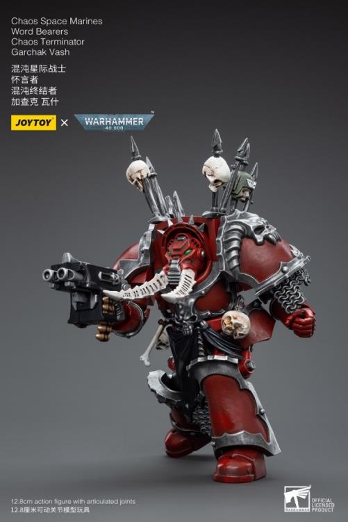 This is a 1/18 scale highly detailed, articulated figure based on Warhammer 40k's Chaos Terminator Garchak Vash of the Chaos Space Marines Word Bearers. The Chaos Terminator Garchak Vash figure stands just over 5 inches tall and comes with several interchangeable parts and accessories, opening the door to a plethora of different and unique display opportunities.