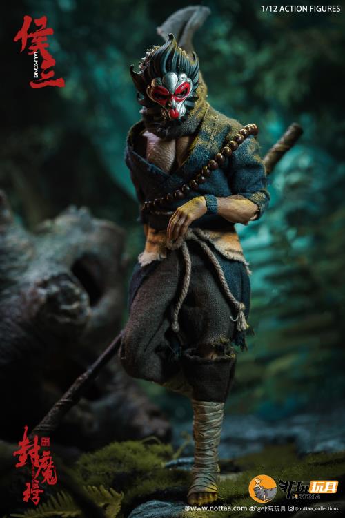 This 1/12 scale articulated figure of the martial artist monk Wukong measures around 6.5 inches tall and features real fabric clothing, alternate hands, monkey mask, beaded necklace, 2 bananas, and his monk staff. This deluxe version also comes with an alternate monkey head sculpt, golden palm effect, 2 ape forearms with fists, wind effects, and 2 extra staffs.