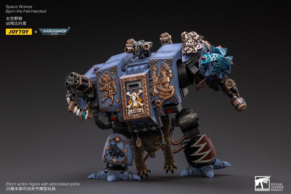 Joy Toy Warhammer 40k Space Wolves Bjorn The Fell-Handed 1/18 Scale Figure JT2924. Interred in a custom-built Dreadnought, JoyToy Bjorn is a legendary figure amongst the Space Wolves, for he fought in the Horus Heresy amongst the retinue of Leman Russ himself. 