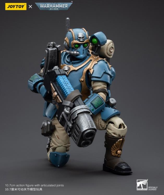 This is a 1/18 scale highly detailed, articulated figure based on Warhammer 40k's Plasma Gunner of the Astra Militarum Tempestus 55th Kappic Eagles. The Plasma Gunner figure stands about 4.20 inches tall and comes with several interchangeable parts and accessories, opening the door to a plethora of different and unique display opportunities.