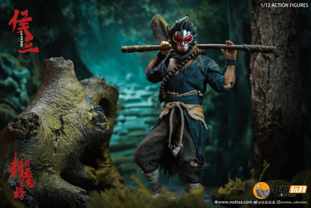 This 1/12 scale articulated figure of the martial artist monk Wukong measures around 6.5 inches tall and features real fabric clothing, alternate hands, monkey mask, beaded necklace, 2 bananas, and his monk staff. This deluxe version also comes with an alternate monkey head sculpt, golden palm effect, 2 ape forearms with fists, wind effects, and 2 extra staffs.