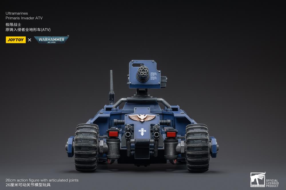 The most elite of the Space Marine Chapters in the Imperium of Man, Joy Toy brings the Ultramarines from Warhammer 40k to life with this new series of 1/18 scale figures and accessories.This 1/18 scale ATV features four big tread wheels and a large turret gun affixed to the back.