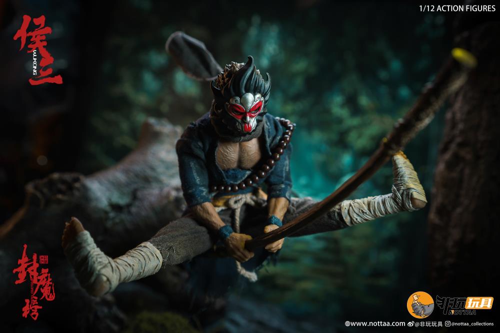 This 1/12 scale articulated figure of the martial artist monk Wukong measures around 6.5 inches tall and features real fabric clothing, alternate hands, monkey mask, beaded necklace, 2 bananas, and his monk staff. This deluxe version also comes with an alternate monkey head sculpt, golden palm effect, 2 ape forearms with fists, wind effects, and 2 extra staffs.