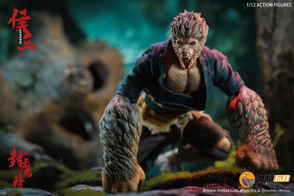 This 1/12 scale articulated figure of the martial artist monk Wukong measures around 6.5 inches tall and features real fabric clothing, alternate hands, monkey mask, beaded necklace, 2 bananas, and his monk staff. This deluxe version also comes with an alternate monkey head sculpt, golden palm effect, 2 ape forearms with fists, wind effects, and 2 extra staffs.