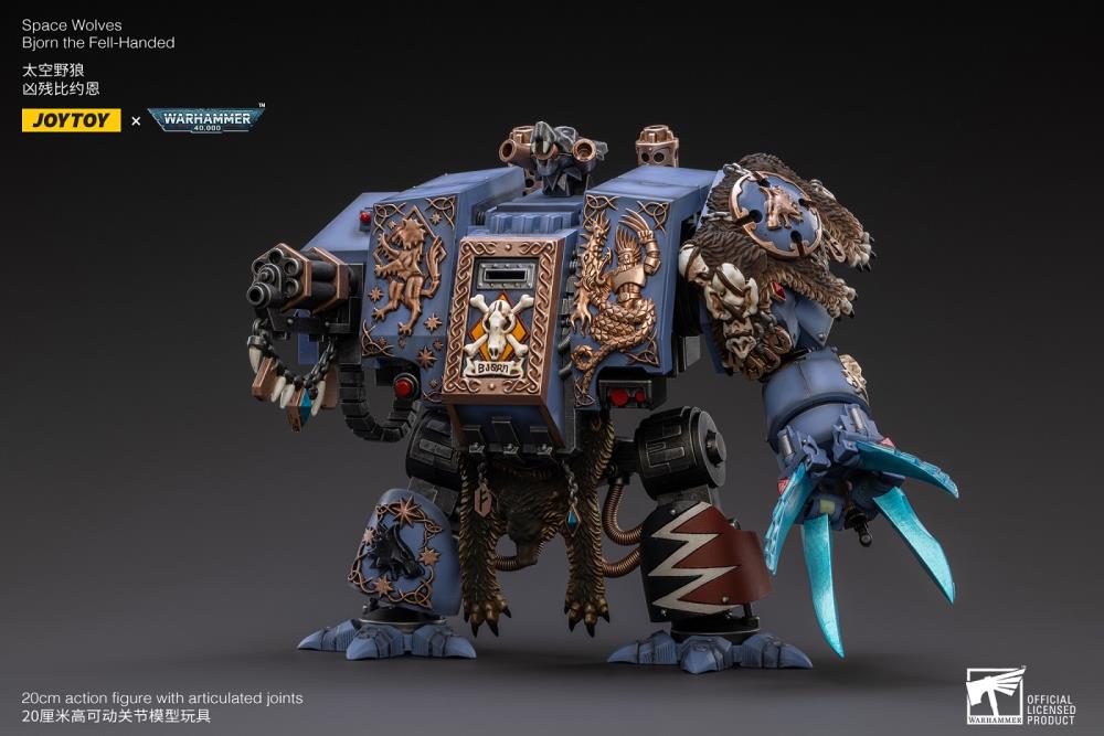 Joy Toy Warhammer 40k Space Wolves Bjorn The Fell-Handed 1/18 Scale Figure JT2924. Interred in a custom-built Dreadnought, JoyToy Bjorn is a legendary figure amongst the Space Wolves, for he fought in the Horus Heresy amongst the retinue of Leman Russ himself.