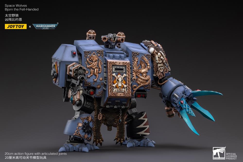 Joy Toy Warhammer 40k Space Wolves Bjorn The Fell-Handed 1/18 Scale Figure JT2924. Interred in a custom-built Dreadnought, JoyToy Bjorn is a legendary figure amongst the Space Wolves, for he fought in the Horus Heresy amongst the retinue of Leman Russ himself.