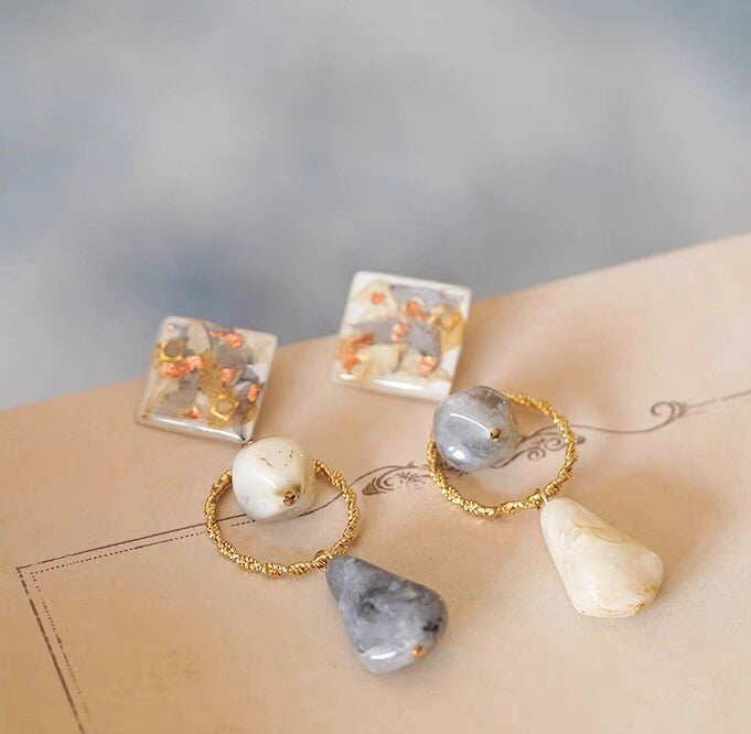 Elegant Marble handmade resin pressed multi flower stud/ clip-ons earrings, resin dried/ real flower jewelry with Hypoallergenic S925 Sterling Silver