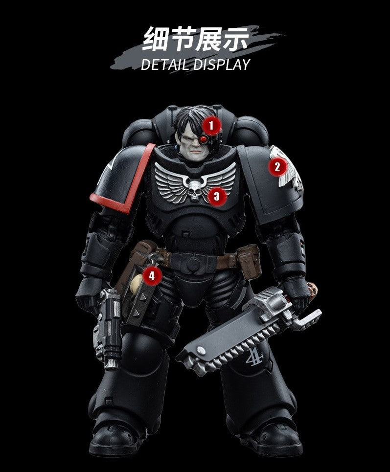 Joy Toy brings Raven Guard Intercessors from Warhammer 40k to life with this new series of 1/18 scale figures! Each figure typically includes interchangeable hands and weapon accessories and stands between 4" and 6" tall.
