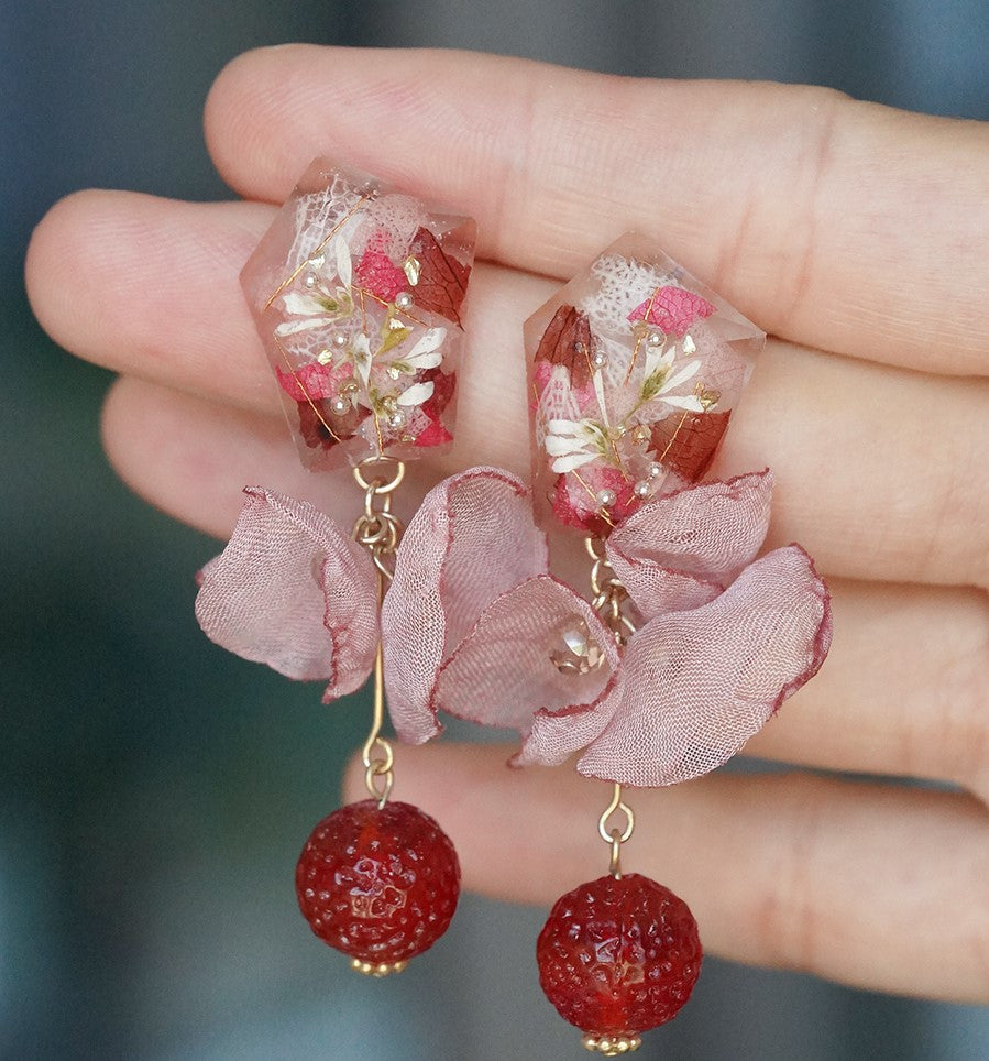 Valentine's Day Gift Romantic handmade resin pressed multi flower dangle/ clip-ons earrings, resin dried/ real flower jewelry with Hypoallergenic S925 Sterling Silver