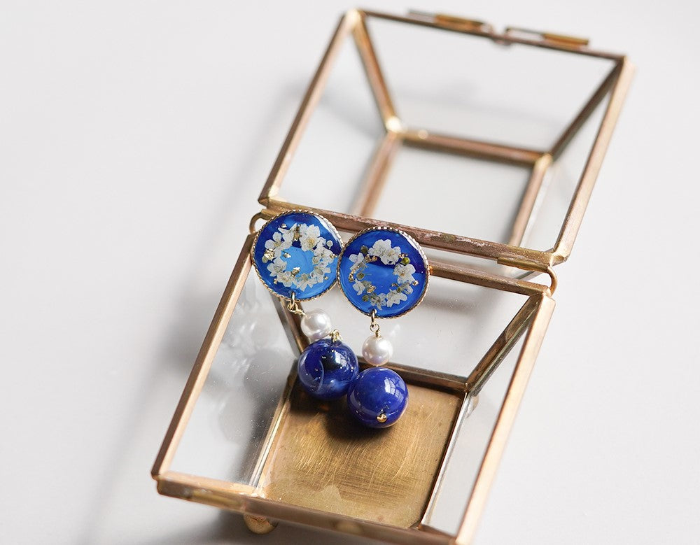 Blue Garden handmade resin pressed multi flower dangle/ clip-ons earrings, resin dried/ real flower jewelry with Hypoallergenic S925 Sterling Silver