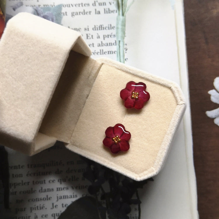 Red Rose handmade resin pressed multi flower stud/ clip-ons earrings, resin dried/ real flower jewelry with Hypoallergenic S925 Sterling Silver