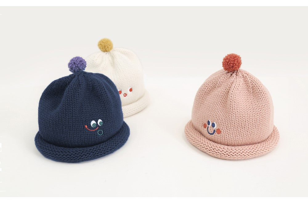 Cute Fashionable Knitted Beanie Hat Rolled Edge Unisex (White/ Pink Navy Blue) for school/ teenagers/ kids/ boys/ girls, suitable for travelling, going to school or casual hang out with friends.