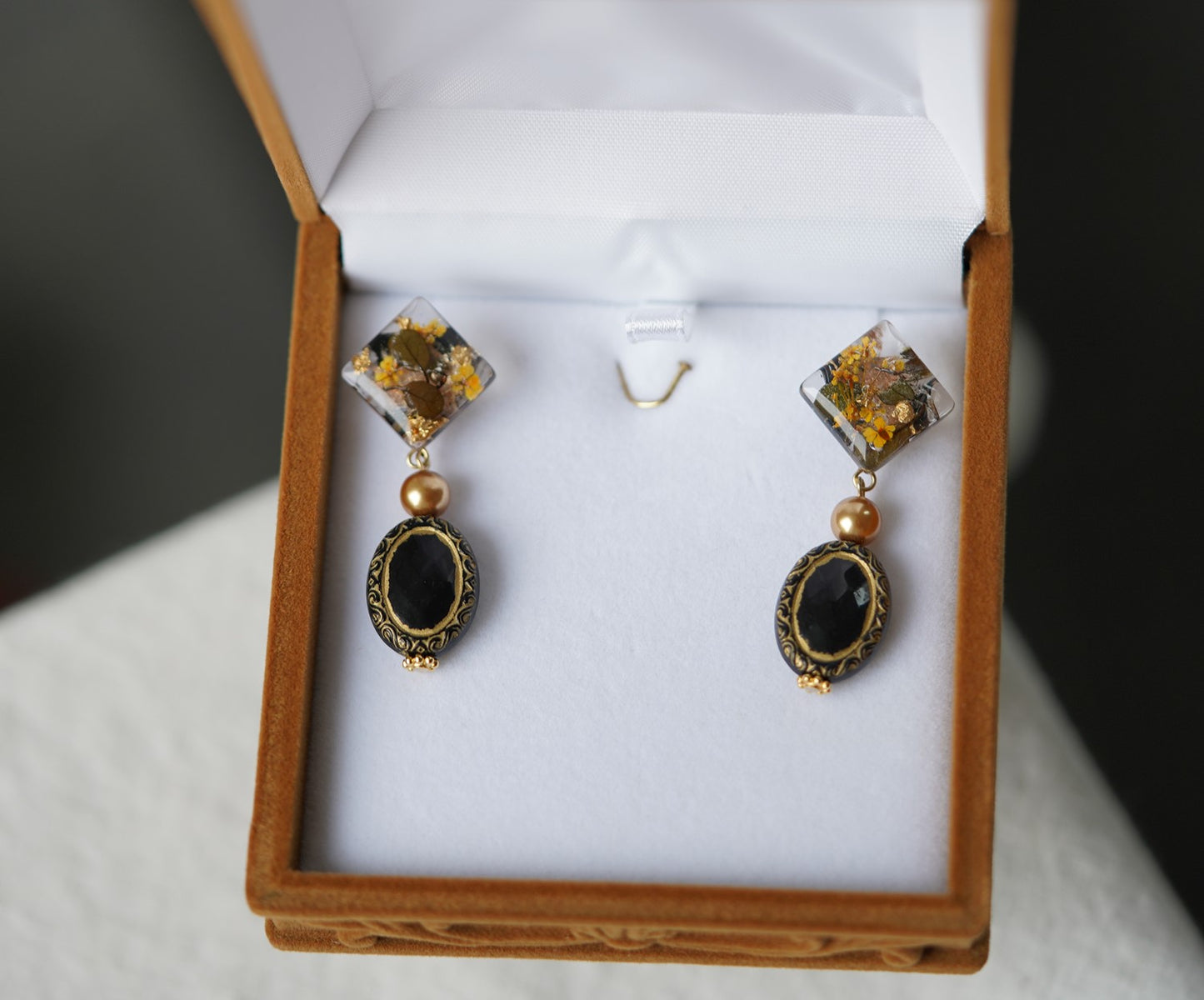 Elegant Black handmade resin pressed multi flower stud/ clip-ons earrings, resin dried/ real flower jewelry with Hypoallergenic S925 Sterling Silver