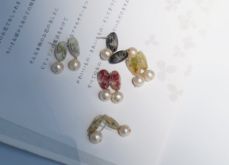 Crystal Pearl handmade resin pressed multi flower dangle/ clip-ons earrings, resin dried/ real flower jewelry with Hypoallergenic S925 Sterling Silver