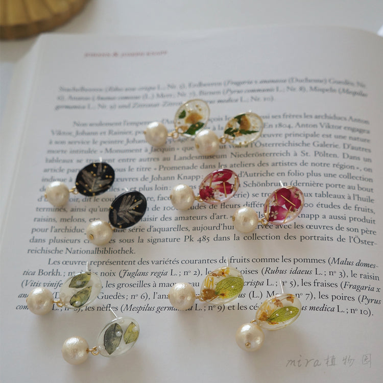 Crystal Pearl handmade resin pressed multi flower dangle/ clip-ons earrings, resin dried/ real flower jewelry with Hypoallergenic S925 Sterling Silver