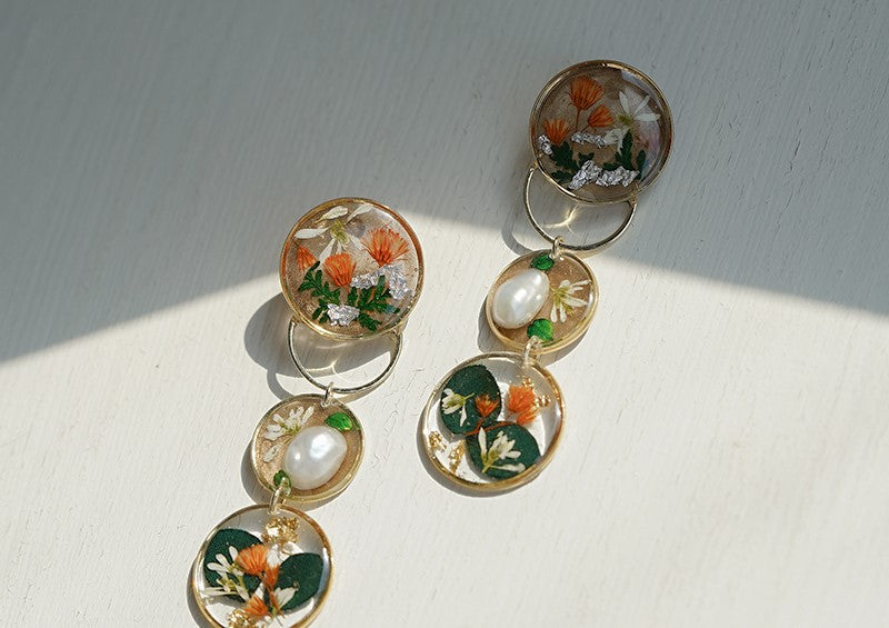 Spring garden handmade resin pressed multi flower dangle/ clip-ons earrings, resin dried/ real flower jewelry with Hypoallergenic S925 Sterling Silver