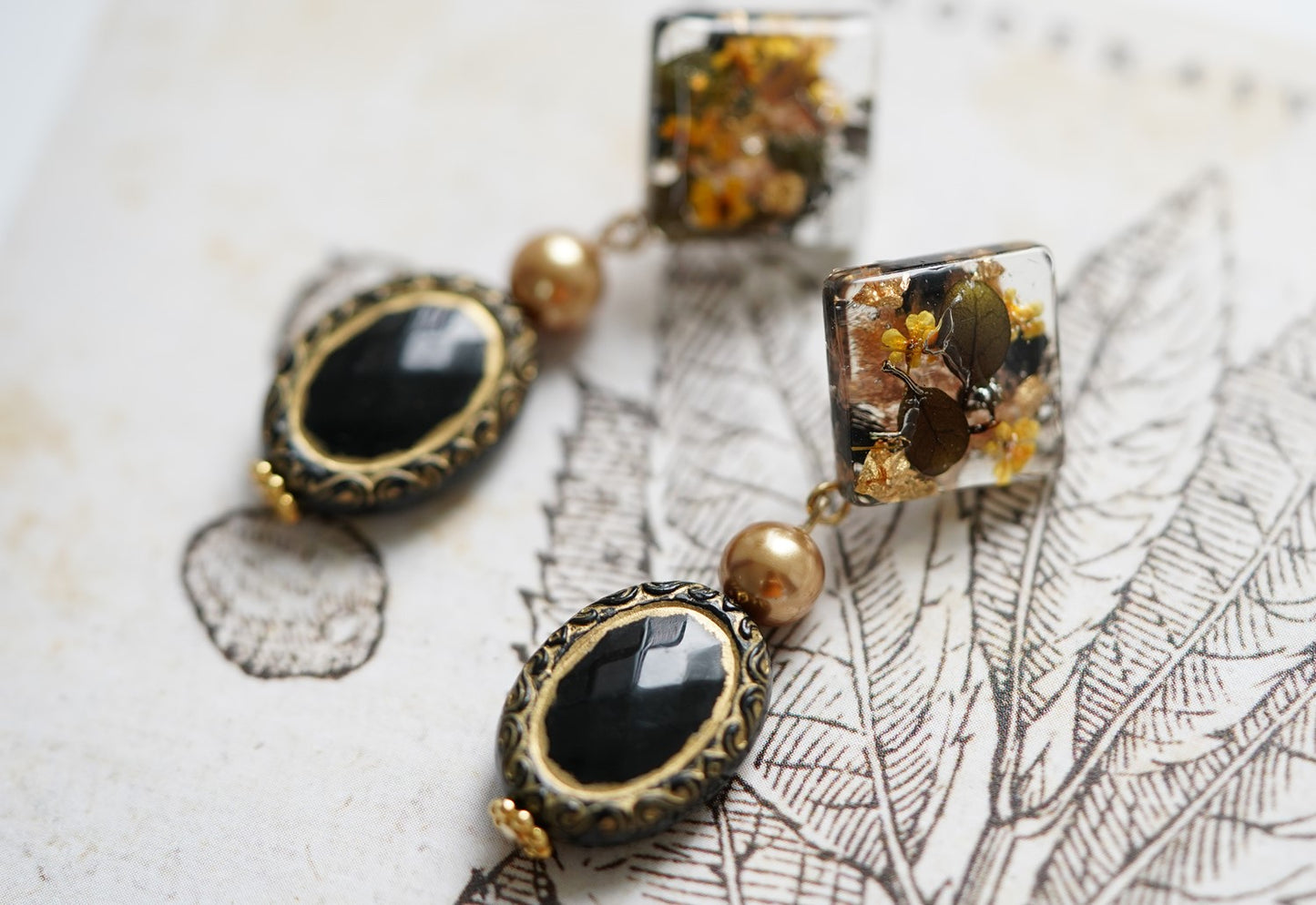Elegant Black handmade resin pressed multi flower stud/ clip-ons earrings, resin dried/ real flower jewelry with Hypoallergenic S925 Sterling Silver