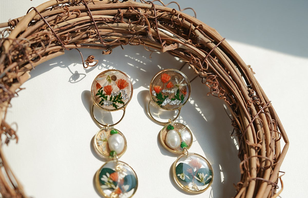 Spring garden handmade resin pressed multi flower dangle/ clip-ons earrings, resin dried/ real flower jewelry with Hypoallergenic S925 Sterling Silver