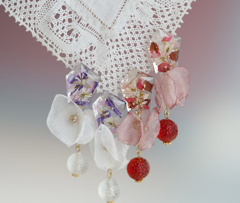 Valentine's Day Gift Romantic handmade resin pressed multi flower dangle/ clip-ons earrings, resin dried/ real flower jewelry with Hypoallergenic S925 Sterling Silver