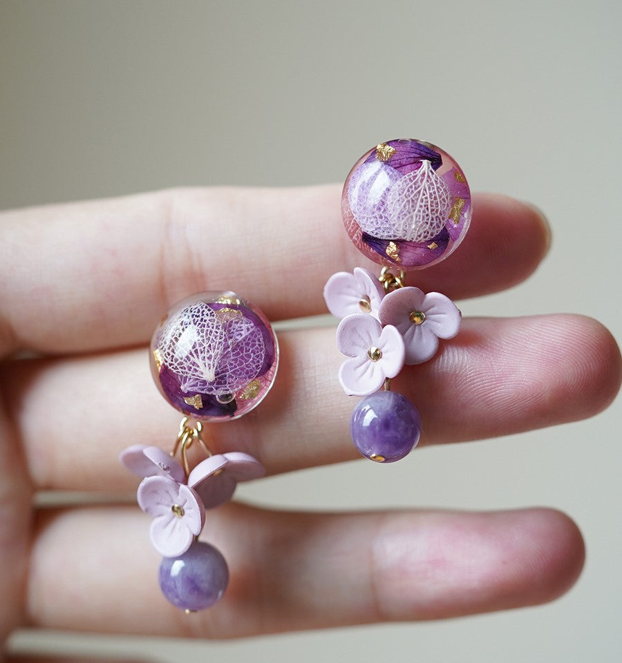 Lilac Handmade Flower Dangle Earrings with Natural Stone