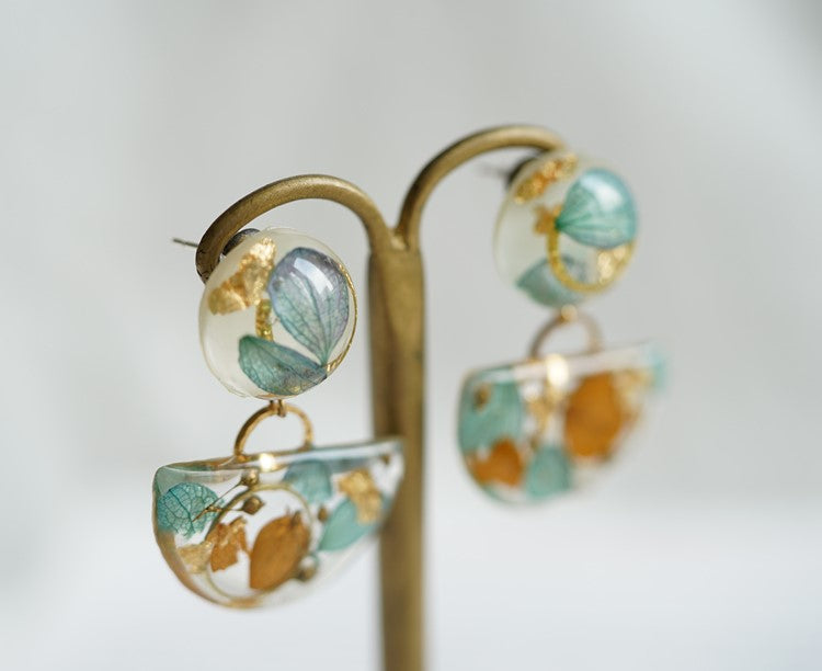 Gold Botanical elegant handmade resin pressed multi flower stud/ clip-ons summer earrings, resin dried/ real flower jewelry with Hypoallergenic S925 Sterling Silver