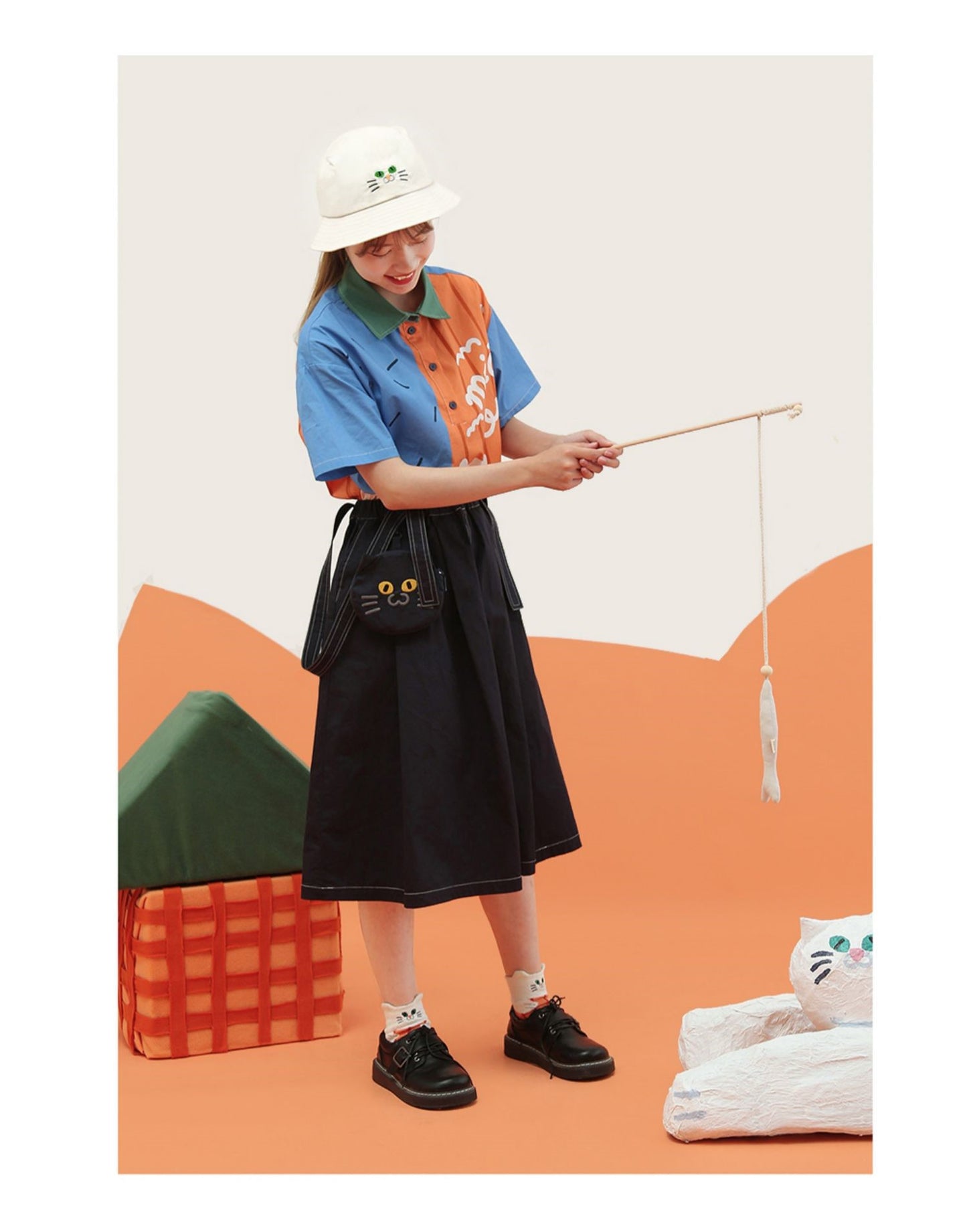Cute Fashionable Kitty Cat Face Bucket Hat Unisex (Black/ White)