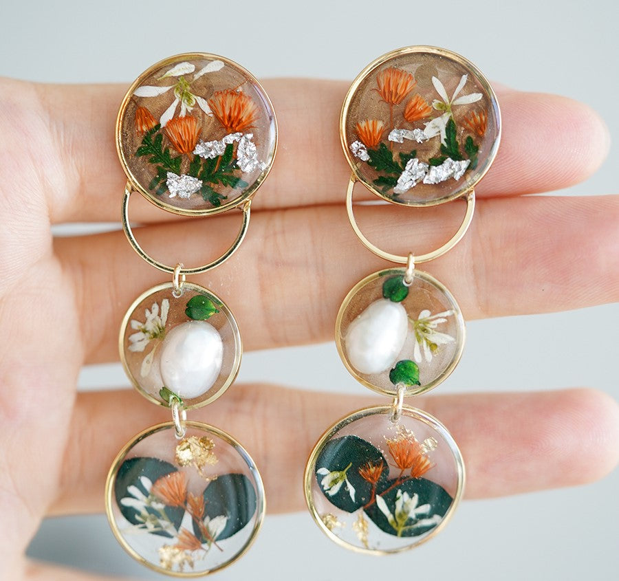 Spring garden handmade resin pressed multi flower dangle/ clip-ons earrings, resin dried/ real flower jewelry with Hypoallergenic S925 Sterling Silver