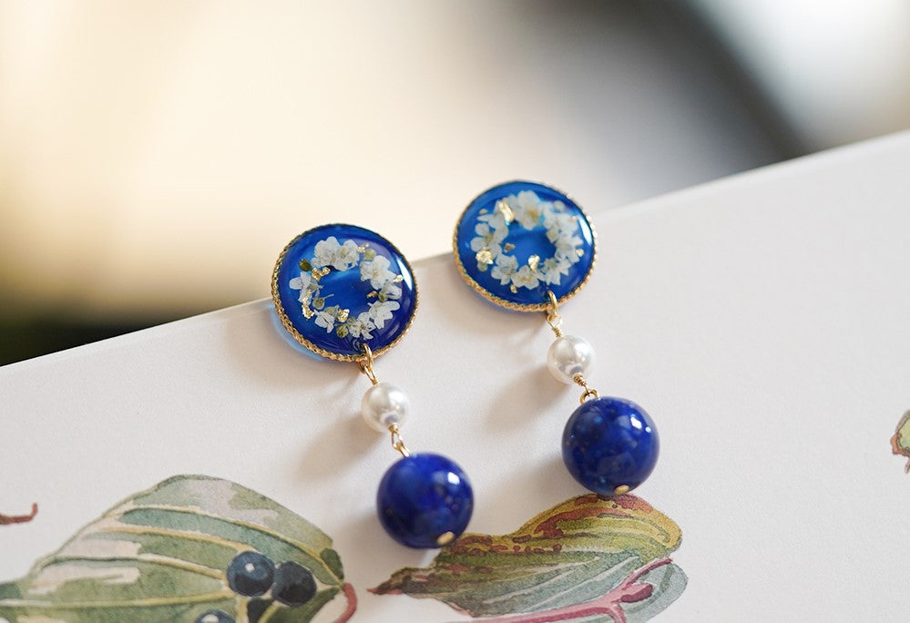 Blue Garden handmade resin pressed multi flower dangle/ clip-ons earrings, resin dried/ real flower jewelry with Hypoallergenic S925 Sterling Silver