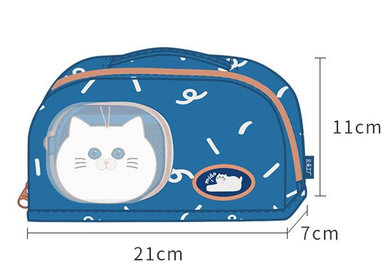 Cute Blue Cat Pencil Stationary Case/ Bag with Fluffy Cat Accessory for school/ kids/ girls, suitable for school or casual