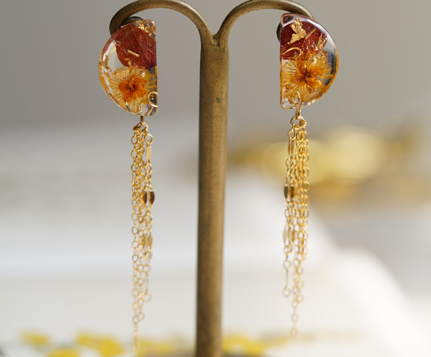 Crescent Gold handmade resin pressed multi flower dangle/ clip-ons earrings, resin dried/ real flower jewelry with Hypoallergenic S925 Sterling Silver