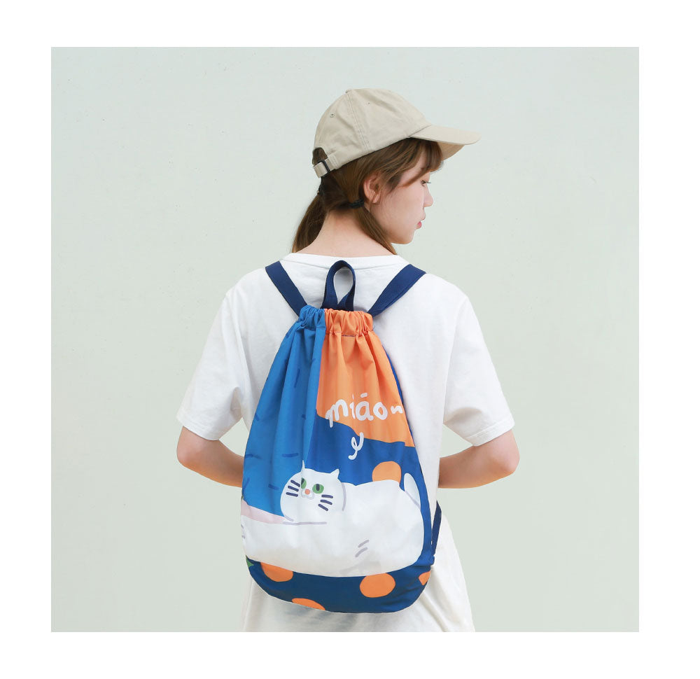 Cute Cat Waterproof Travel Folding Drawstring Backpack for school/ kids/ girls, suitable for travelling, going to school or casual hang out with friends.