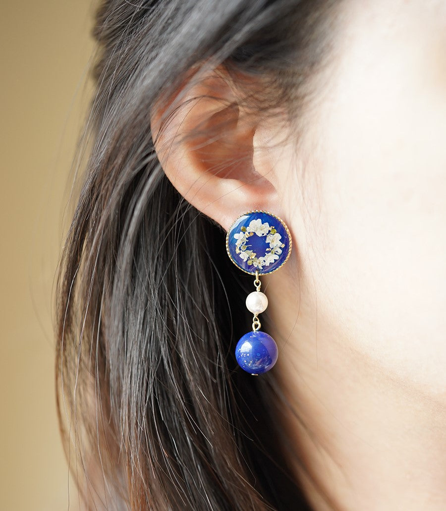 Blue Garden handmade resin pressed multi flower dangle/ clip-ons earrings, resin dried/ real flower jewelry with Hypoallergenic S925 Sterling Silver