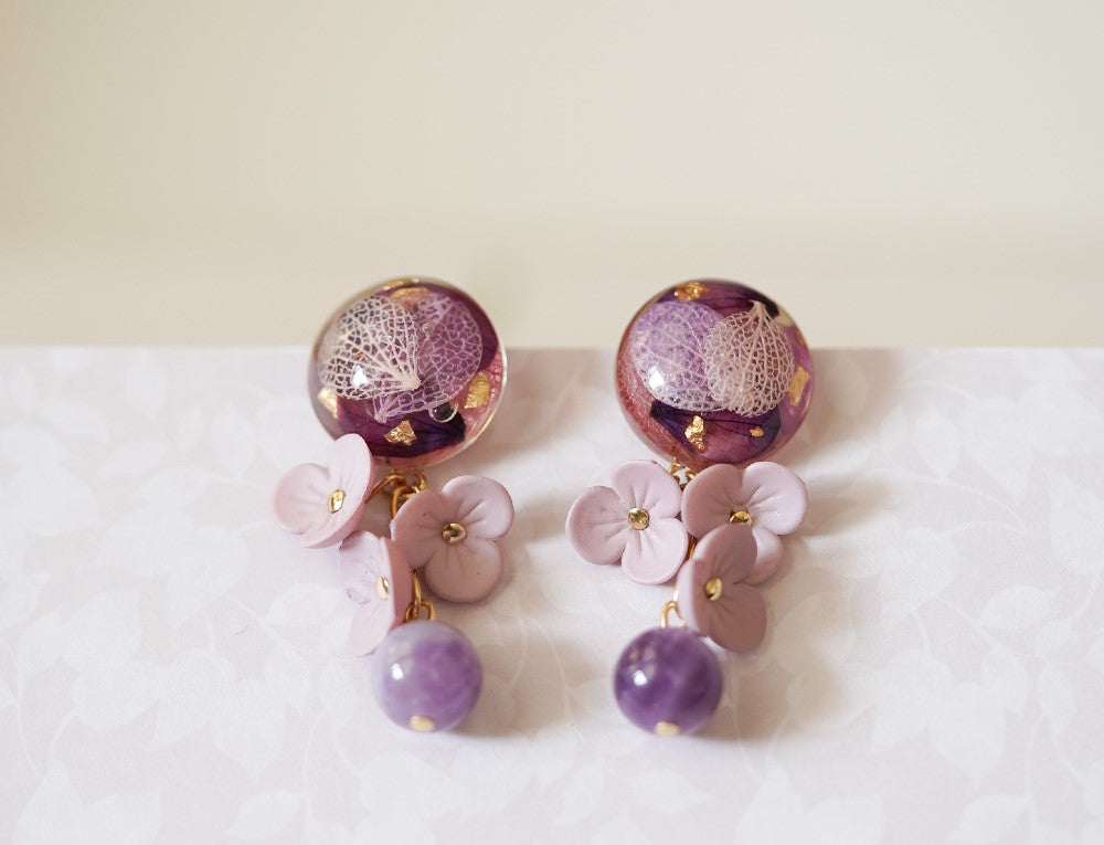 Lilac Handmade Flower Dangle Earrings with Natural Stone