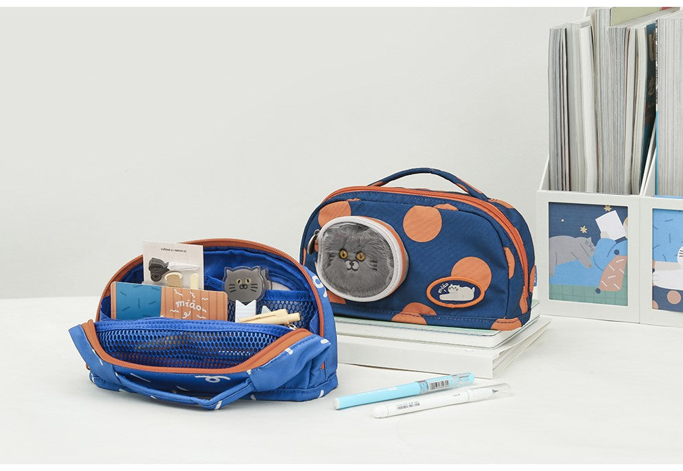 Cute Blue Cat Pencil Stationary Case/ Bag with Fluffy Cat Accessory for school/ kids/ girls, suitable for school or casual