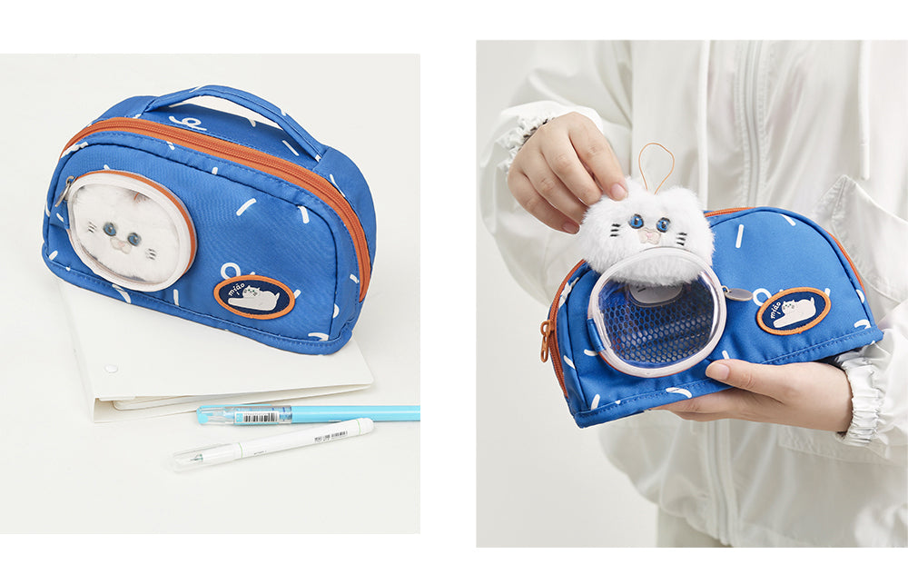 Cute Blue Cat Pencil Stationary Case/ Bag with Fluffy Cat Accessory for school/ kids/ girls, suitable for school or casual