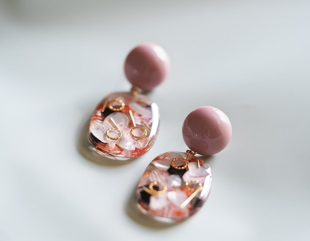 Vintage Pink handmade resin pressed multi flower dangle/ clip-ons earrings, resin dried/ real flower jewelry with Hypoallergenic S925 Sterling Silver