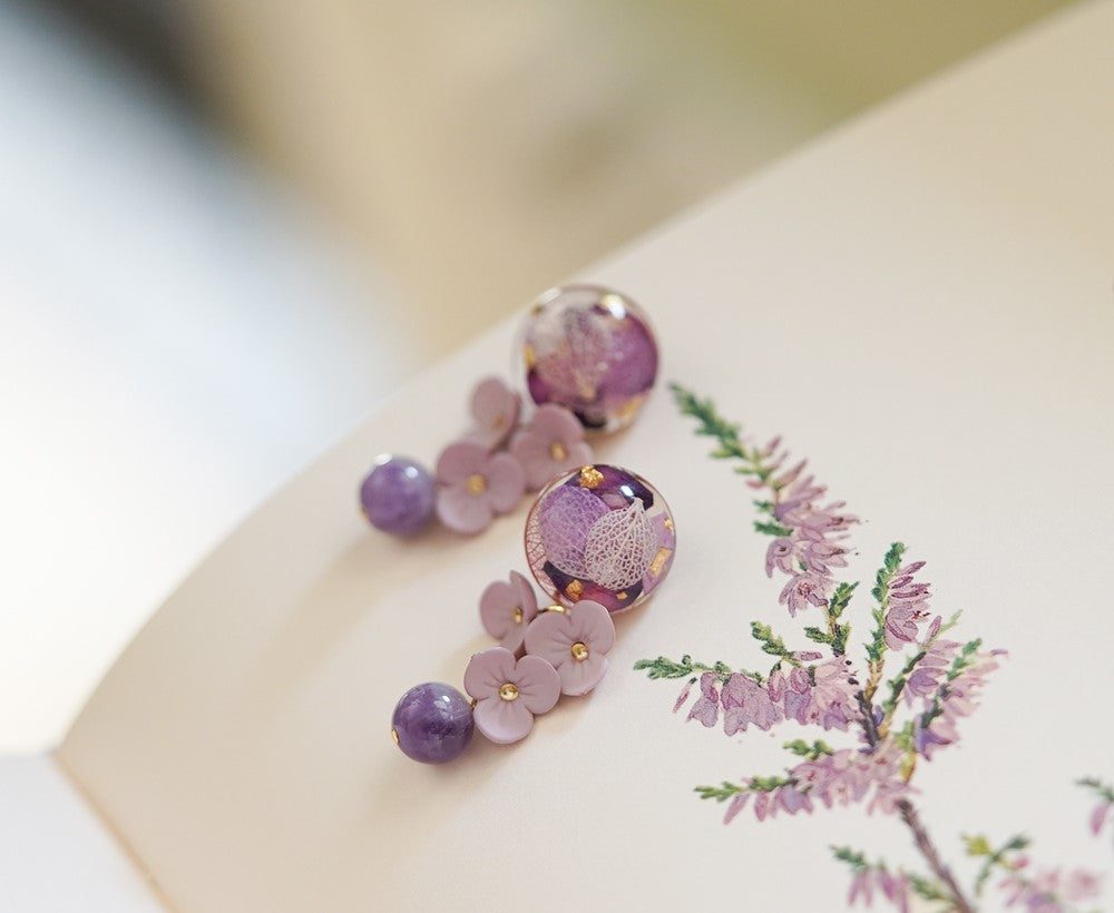 Lilac Handmade Flower Dangle Earrings with Natural Stone