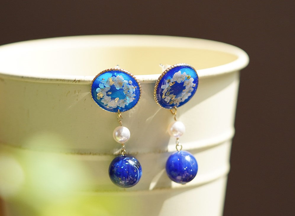 Blue Garden handmade resin pressed multi flower dangle/ clip-ons earrings, resin dried/ real flower jewelry with Hypoallergenic S925 Sterling Silver