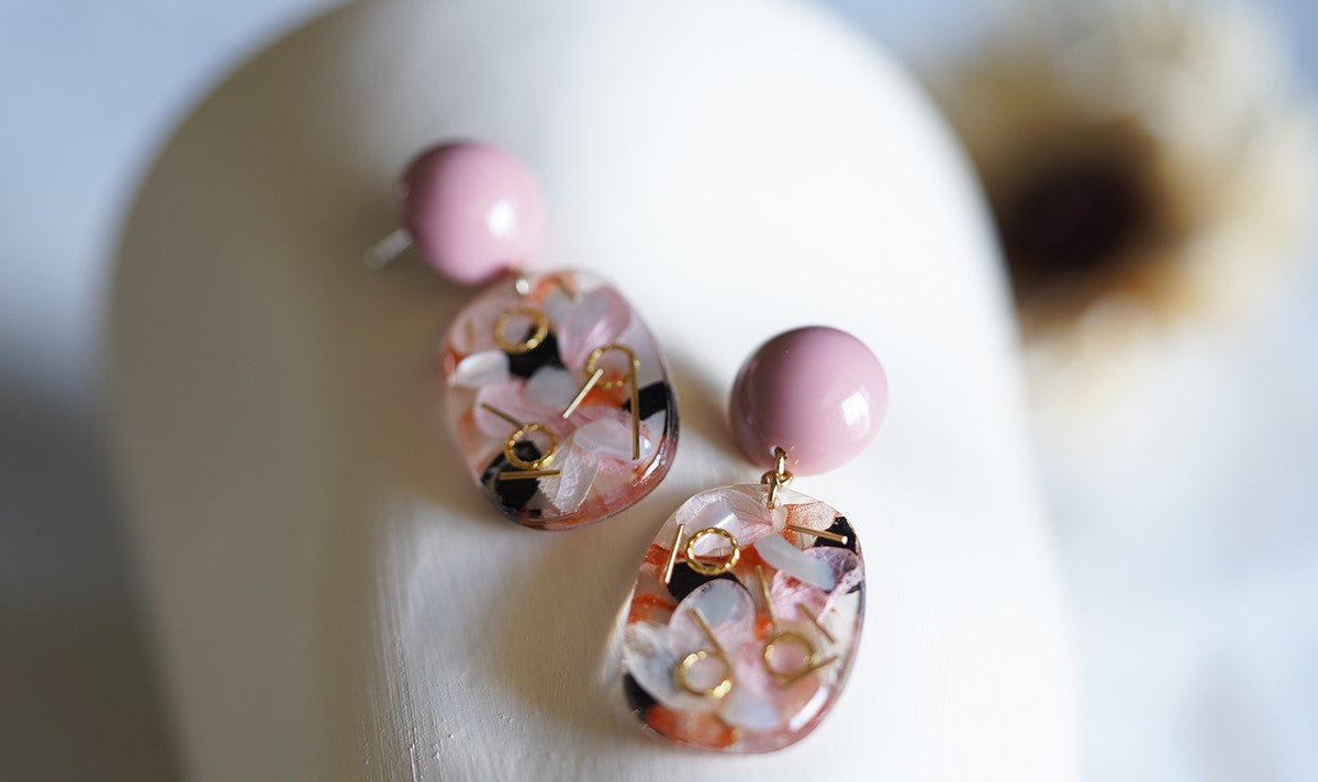 Vintage Pink handmade resin pressed multi flower dangle/ clip-ons earrings, resin dried/ real flower jewelry with Hypoallergenic S925 Sterling Silver